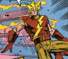 [Flash of 2591: Male caucasian, Rocketeer-style red and brown outfit with bare arms, lightning motif and spiky helmet]