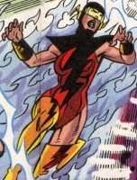 [Flash: female caucasian(?), red swimsuit-style costume with black hood w/ earpiece wings, shoulder pads & lightning symbol down front, yellow knee-high boots & visor]