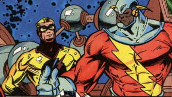 [Two Flashes: Male blond caucasian with yellow costume & symbol on chest, red gloves + mask with goggles, male African with red costume, yellow lightning bolt diagonally across chest, silver gloves + hood w/ earpiece wings]