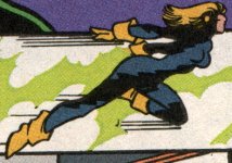 [Flash: female long-haired blonde, blue+black jagged costume, yellow boots+gloves]