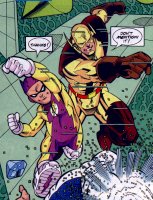 [Agent Flashling (impish, yellow-and-purple Impulse-style costume with bat-mite-like hood), unnamed male caucasian Flash with light yellow Barry-like costume w/  brown shoulderpads & gloves]