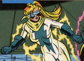 [Flash: Female pony-tailed blonde causasian, white costume with blue-green gloves and lightning symbol down chest, cowl around neck blue visor]