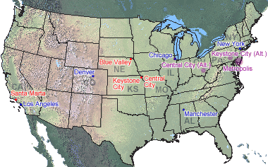 [Map of the United States of America with Flash-featured cities marked.]