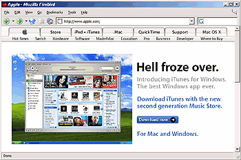 Apple Website showing 'Hell froze over' headline