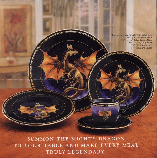 Plates, cups and saucers with dragons painted on them, captioned: Summon the mighty dragon to your table and make every meal truly legendary.
