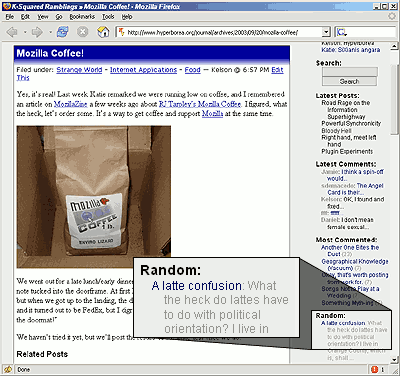 Screenshot showing Mozilla Coffee entry with the random post showing A Latte Confusion