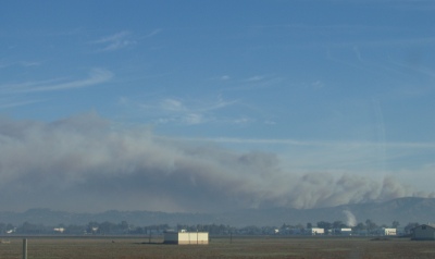 Sierra Fire Smoke on Monday morning, blending into fog