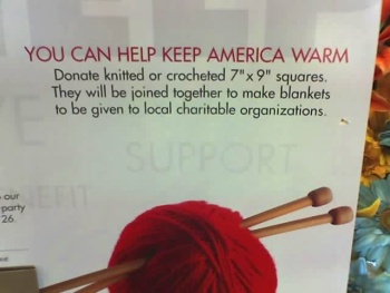 Sign requesting donations of 7″×9″ crocheted squares.