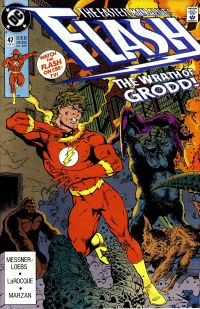 Flash v.2 #47: Grodd has Flash in a dog collar, and is holding Vixen above his head
