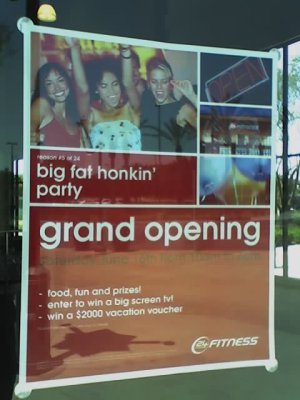 Poster showing partying women and text: Reason #5 of 24 · big fat honkin' party · grand opening · food, fun and prizes! · enter to win a big screen tv! · win a $2000 vacation voucher · 24-Hour Fitness