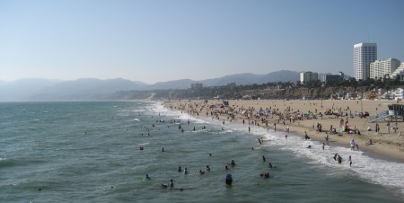 Santa Monica beach and cliffs, seen from the end of the pier