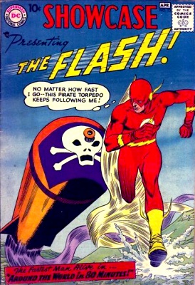 Showcase #13: The Flash runs across the water from a torpedo with a pirate flag on front. 'No matter how fast I go---this pirate torpedo keeps following me!'