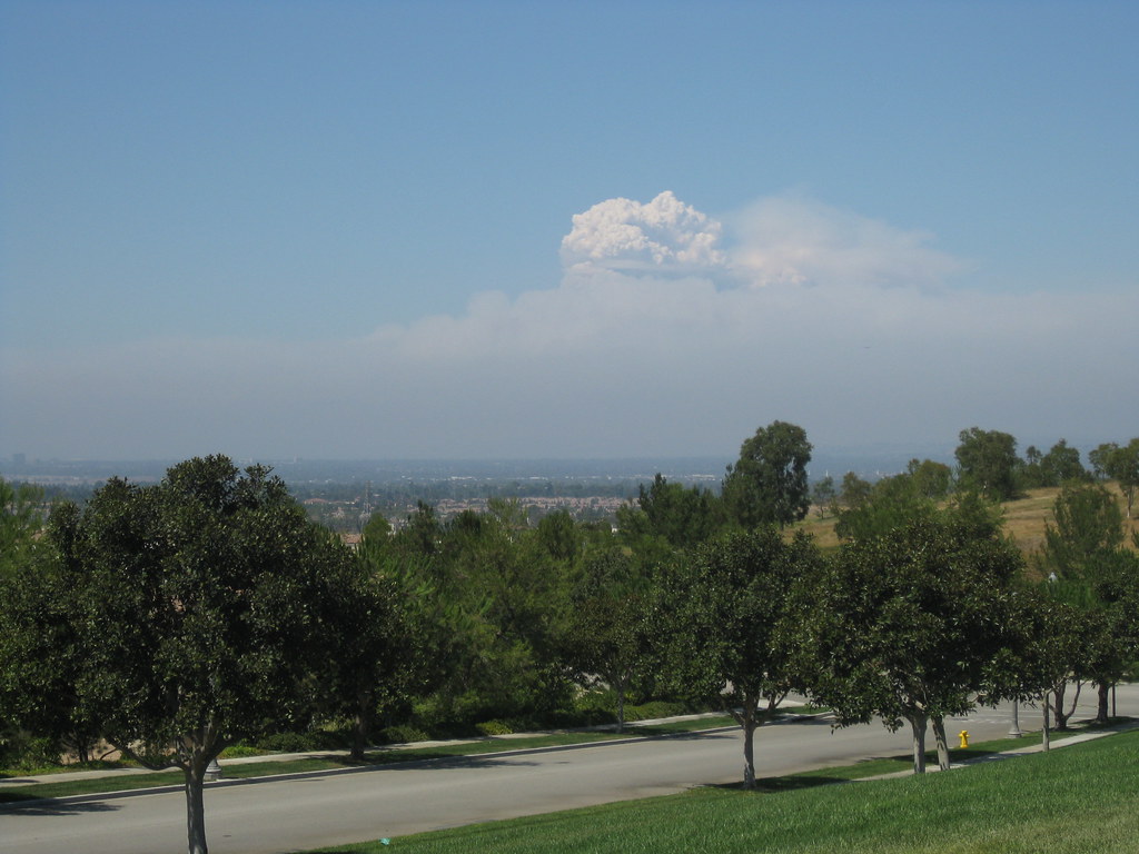 A puffy plume of cloud rising out of a smoke layer in the distance. Up close, a suburban park with trees and grass and blue sky.