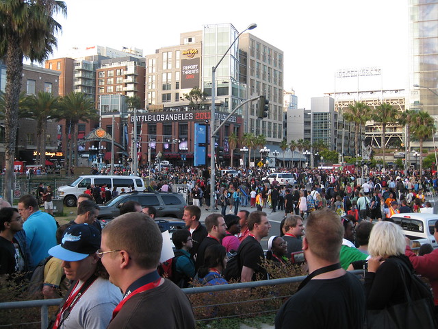 Lots of people on a city street.