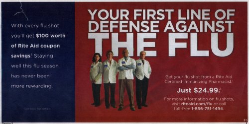 Flyer advertising flu vaccine: Your First Line of Defense Against the Flu