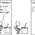 Comic strip with two stick figures talking. 1: You should join Google+! 2: What is it? 1: Not Facebook! 2: What's it like? 1: Facebook! Pause Second figure clicks on a computer. 2: Oh, what the hell. I guess that's all I really wanted.