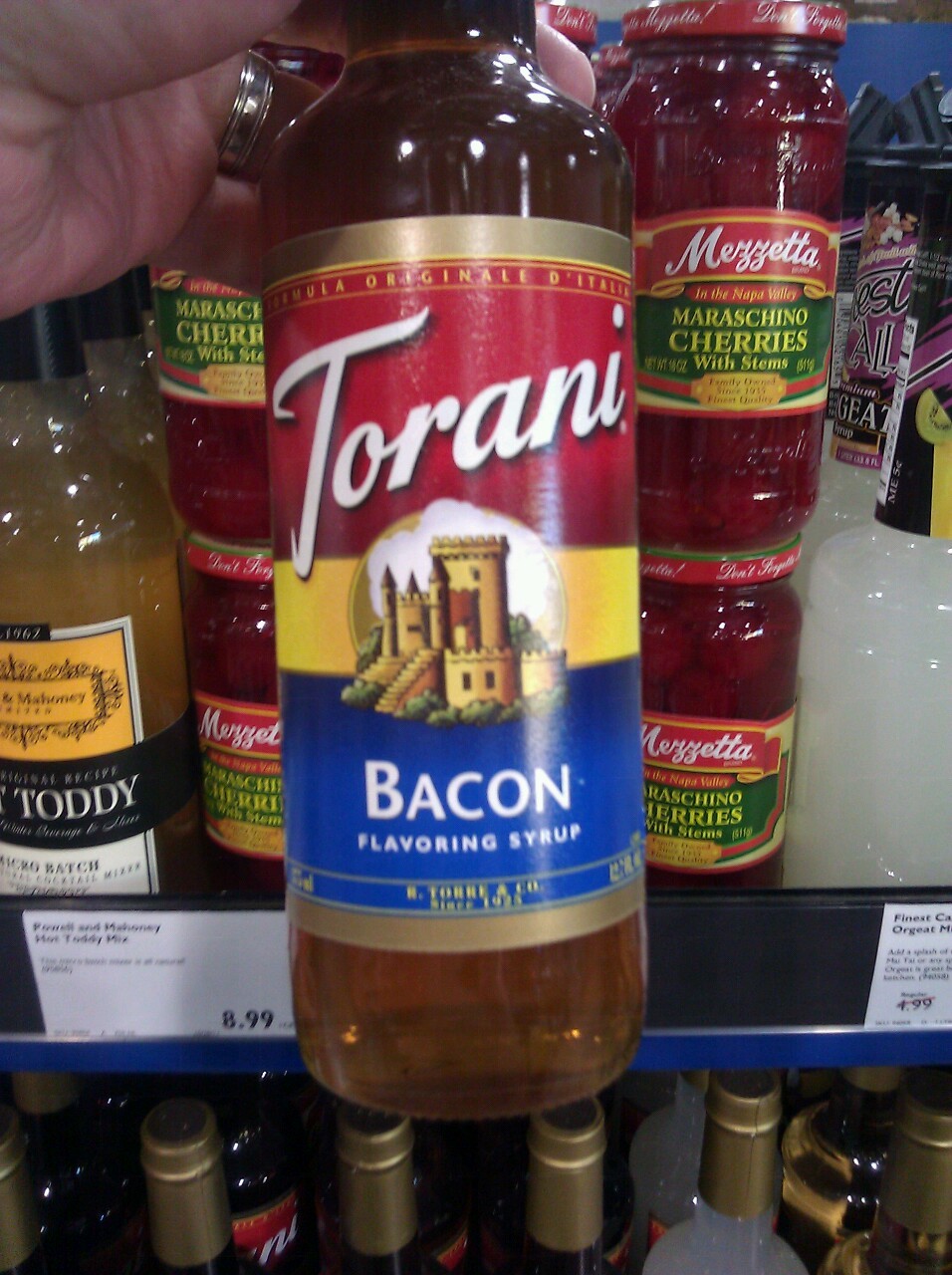 A bottle of bacon flavored syrup by Torani.