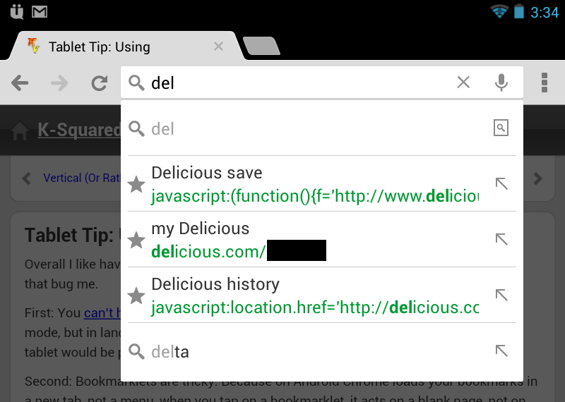 Screenshot: Android Chrome bookmarklet for Delicious called via autocomplete