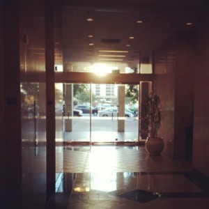 Reflected sunset in the lobby