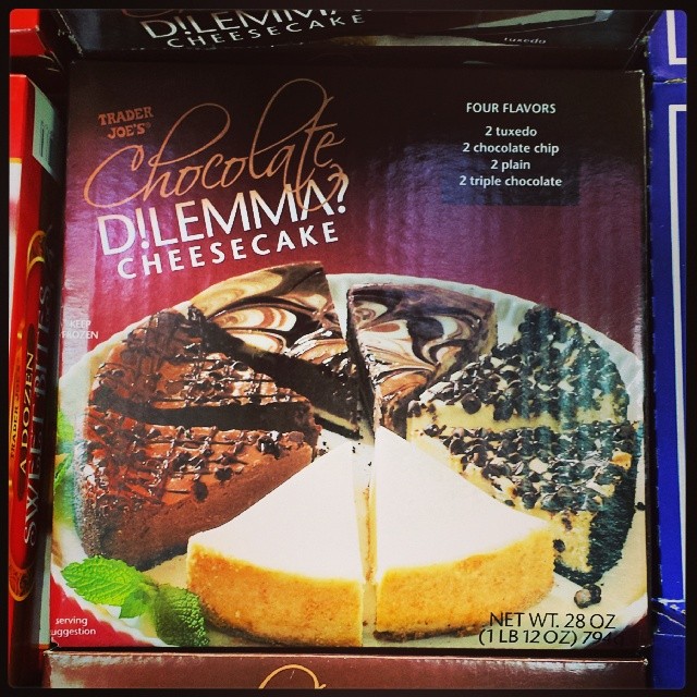 Trader Joe's package for Chocolate Dilemma Cheesecake, with four flavors.