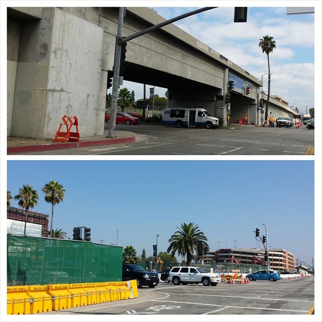 Two photos, one showing a concrete bridge over a street, the other showing the same street without the bridge and with some temporary fences, revealing palm trees and buildings behind it.