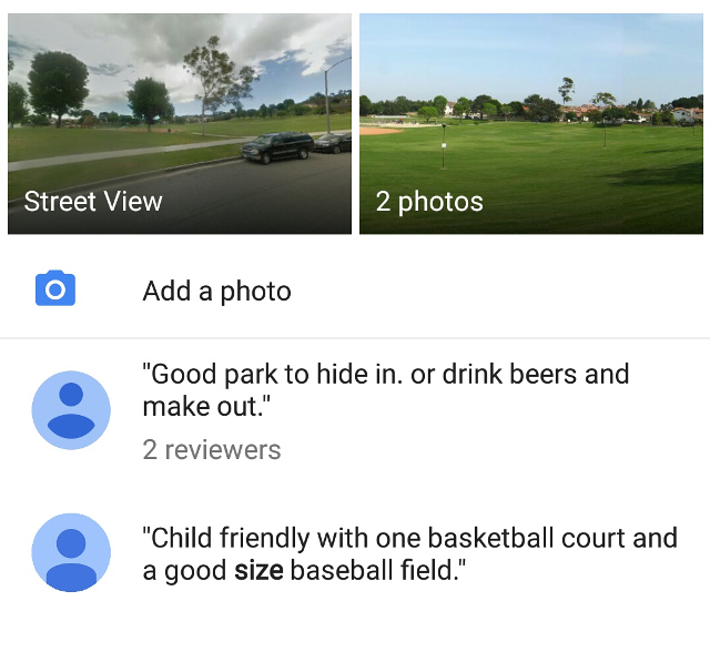 Two user reviews of a park: 1. Good park to hide in. or drink beers and make out. 2. Child friendly with one basketball court and a good size baseball field.
