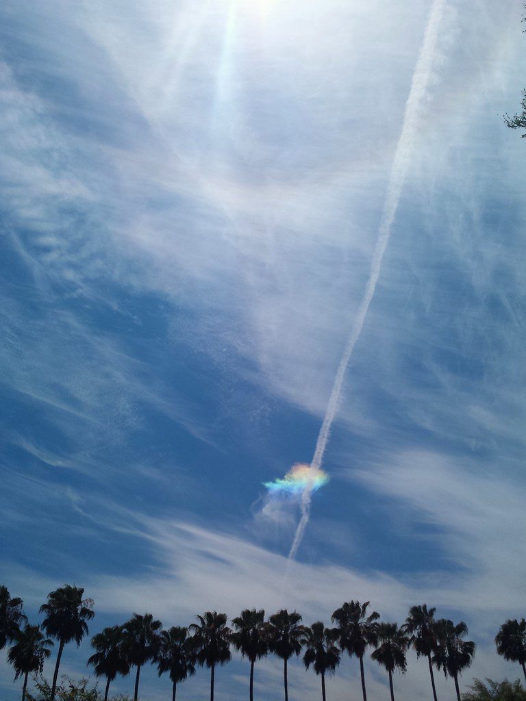 A small cloud shows a spectrum, cut by a contrail that also cuts through part of a circular halo.