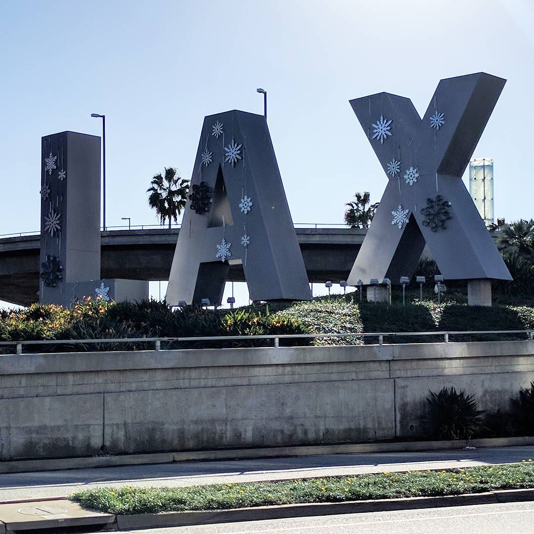 Giant LAX free-standing letters, with snowflake decals added to them.