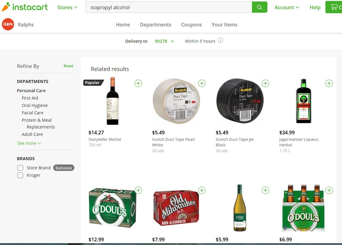 Online shopping search: Isopropyl alcohol not found, have you tried wine, Jagermeister, duct tape or non-alcoholic beer?