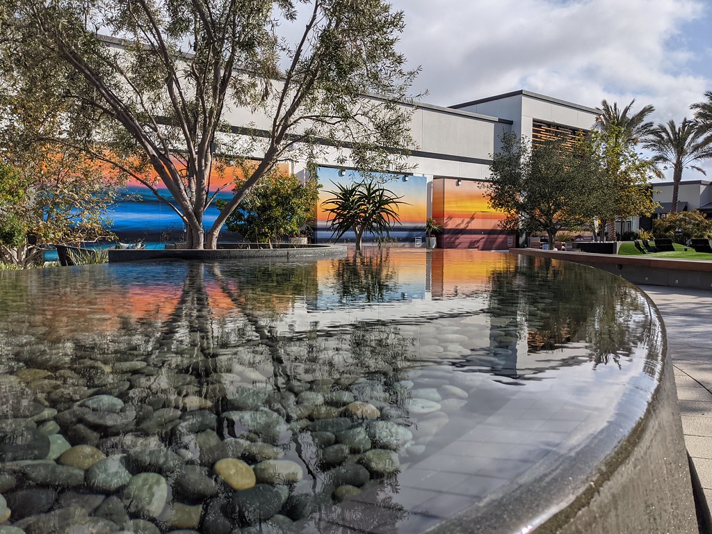 A still pool with round rocks under it, trees in the background, and storefronts covered by temporary walls with printed murals on them of ocean sunsets.