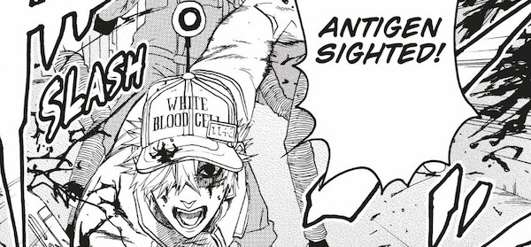 Scan from the manga Cells at Work showing a man in a White Blood Cell cap shouting "Antigen sighted!" and violently slashing something with a knife.