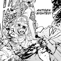 Scan from the manga Cells at Work showing a man in a White Blood Cell cap shouting "Antigen sighted!" and violently slashing something with a knife.