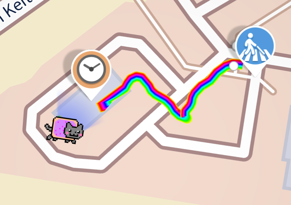 Small section of a road map with a rainbow path and a pop tart cat.