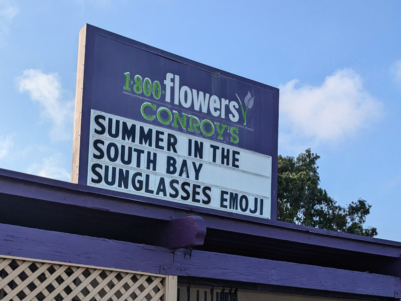 Florist shop sign, with the message saying: SUMMER IN THE SOUTH BAY SUNGLASSES EMOJI. (the actual words, not the emoji!)