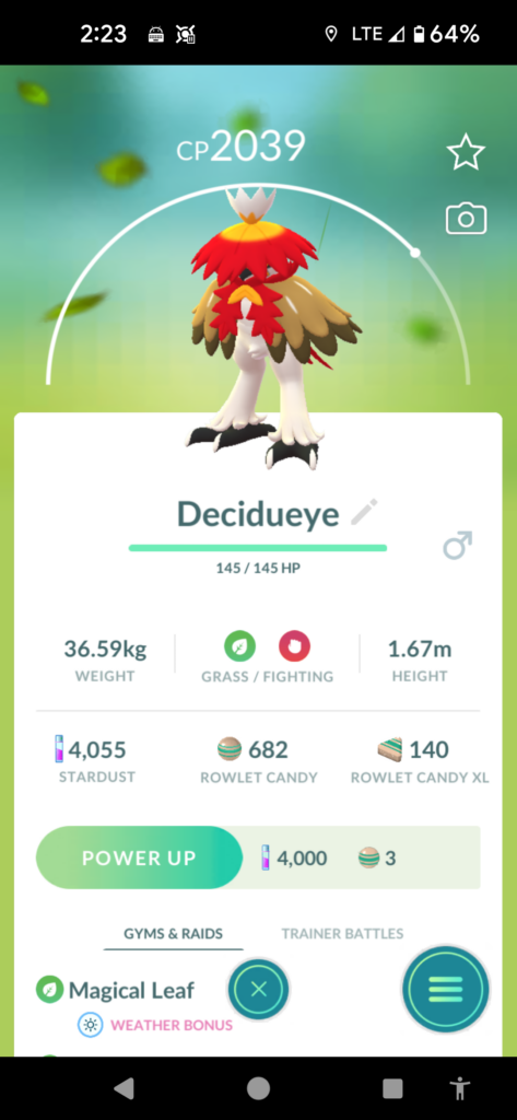 Screenshot from Pokémon Go featuring a Hisuian Decidueye, a variant of an anthropomorphic owl with red, yellow and brown feathers.