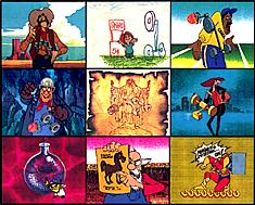 9 tiny cartoon screens in a grid: You can just barely make out a cowboy, a child with a large tricycle-like assembly, a football coach, a miner with a hard hat, some old, yellowed parchment with a sketch on it, someone carrying an axle with wheels, a large lab flask filled with water, an old man holding up a picture of a horse, and someone in a superhero outfit standing on a row of horseshoe magnets.