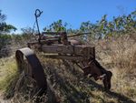 Two-wheeled metal contraption with a trailer hitch, rusting in dry grass. A stand of castor bean plants is silhouetted in the background by a blue sky.