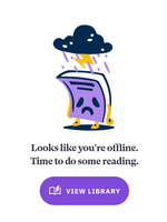A cartoon drawing of a book with arms, legs and a sad face, slouching under a raincloud. It's captioned 'Looks like you're offline. Time to do some reading.' and has a button labeled 'View Library.'