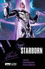 Cover featuring a man in sci-fi armor standing with his arms out in front of a column of purple energy and yelling.