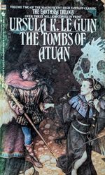 A woman and a man look behind them as they run from something out of view, rocks and rubble falling around them. The woman has dark hair and pale skin, and wears a simple cloak with a ring of keys hanging from her belt. The man has slightly darker and redder skin, though he looks more like a white man blushing than the copper-brown look he should have according to the text, and he carries a staff with a serpentine dragon carved aroiund the top.