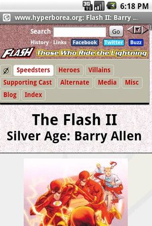 Screenshot of a website viewed on a phone. There's a top navigation bar with the site title and categories. Below that is the title of the page, and below that part of an image showing the character in costume.