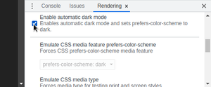 Screenshot of Chromium Dev Tools with the Rendering drawer open showing Auto Dark Mode and prefers-color-scheme emulation.