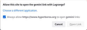 Screencap of dialog box asking whether hyperborea.org is allowed to open gemini links this time or every time.