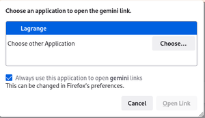 Screencap of dialog box showing applications including Lagrange, an always-use-this checkbox, and cancel/open buttons.