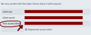 Screenshot of Mastodon app settings including Client key, Client secret and Your access token. You want the last one.