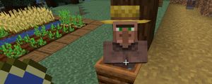 A Minecraft farmer-type villager standing inside the composter, with his crops nearby.